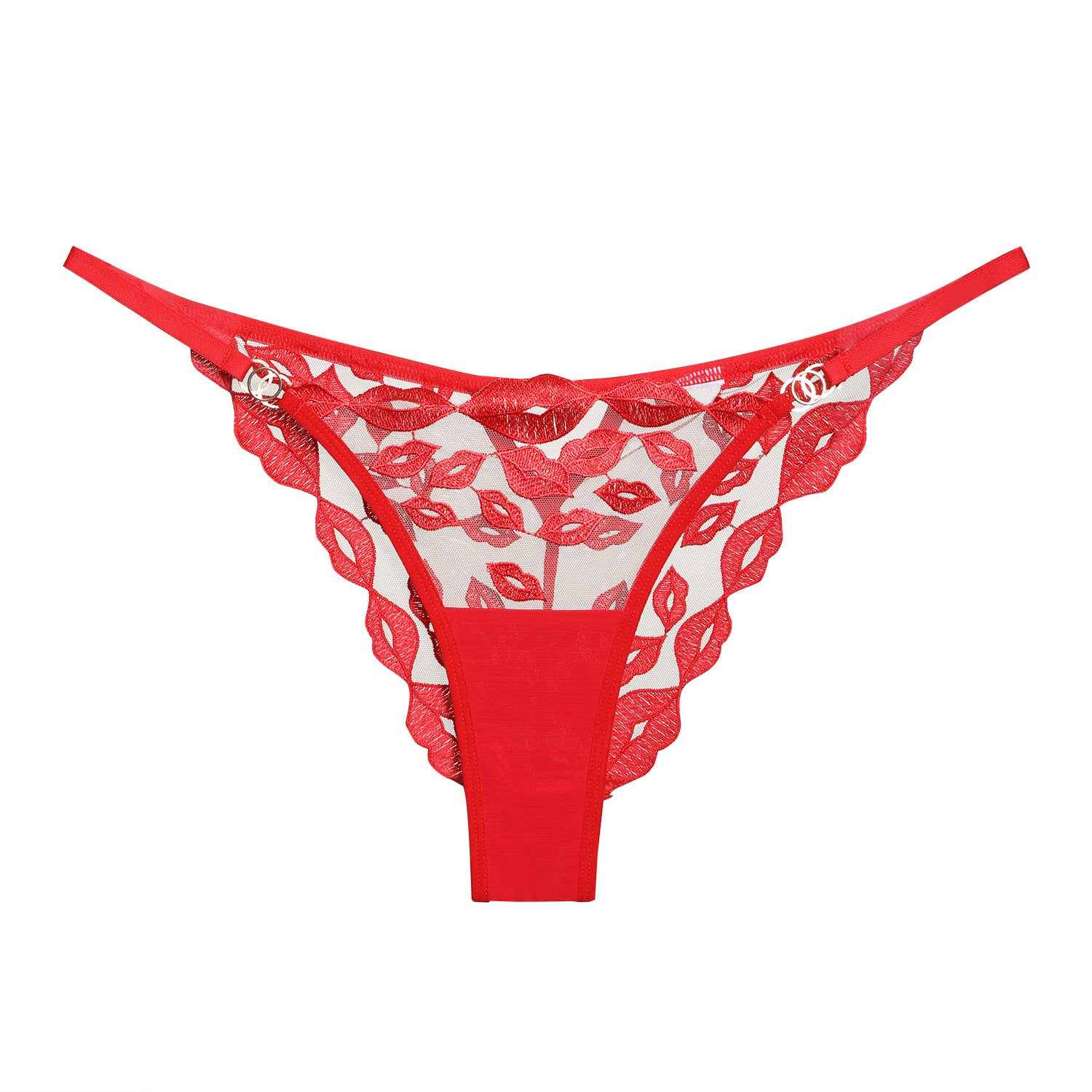 Amora String – Embroidered Mesh Thong with Lip Motifs mooods