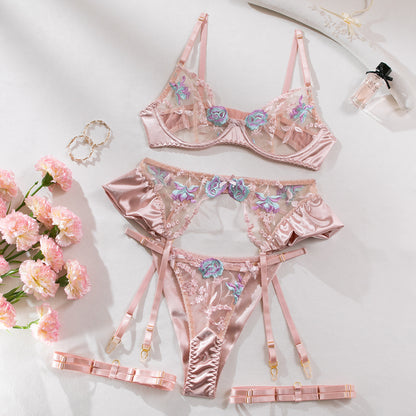 Honeymoon Lace & Satin Embroidered Lingerie Set