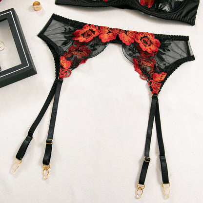 Floral Embroidered Satin & Mesh Garter Lingerie Set