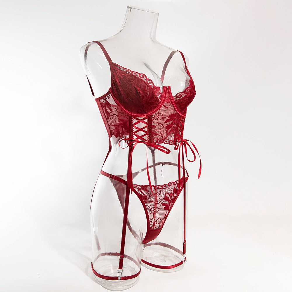 Luxury Lace Garter Lingerie Set with Underwire Corset Bra and Thong mooods