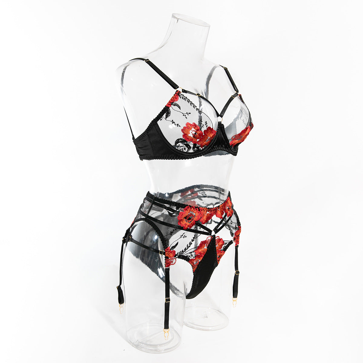 Floral Embroidered Satin & Mesh Garter Lingerie Set