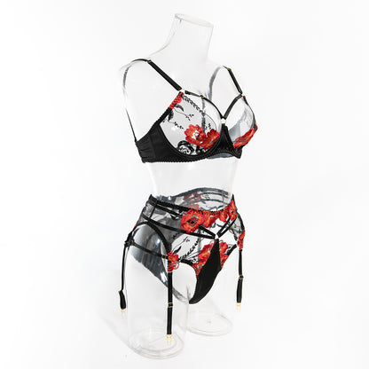 Floral Embroidered Satin & Mesh Garter Lingerie Set