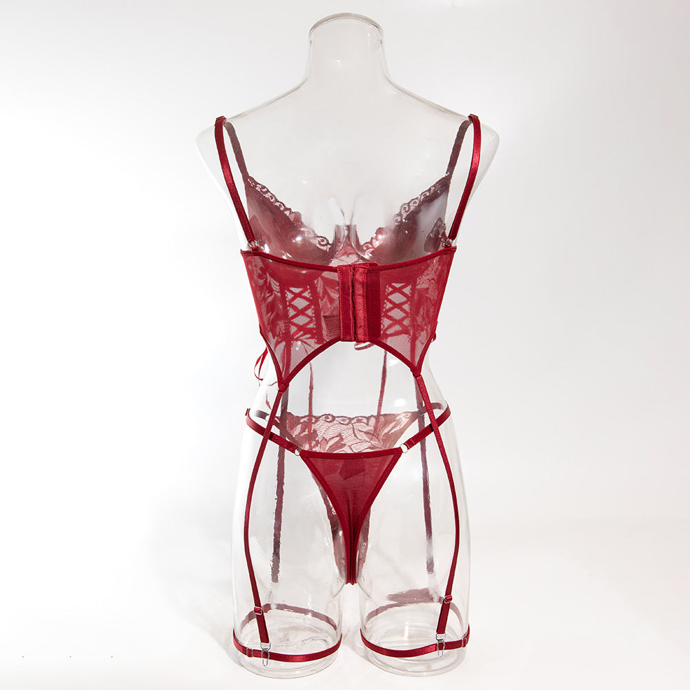 Luxury Lace Garter Lingerie Set with Underwire Corset Bra and Thong mooods