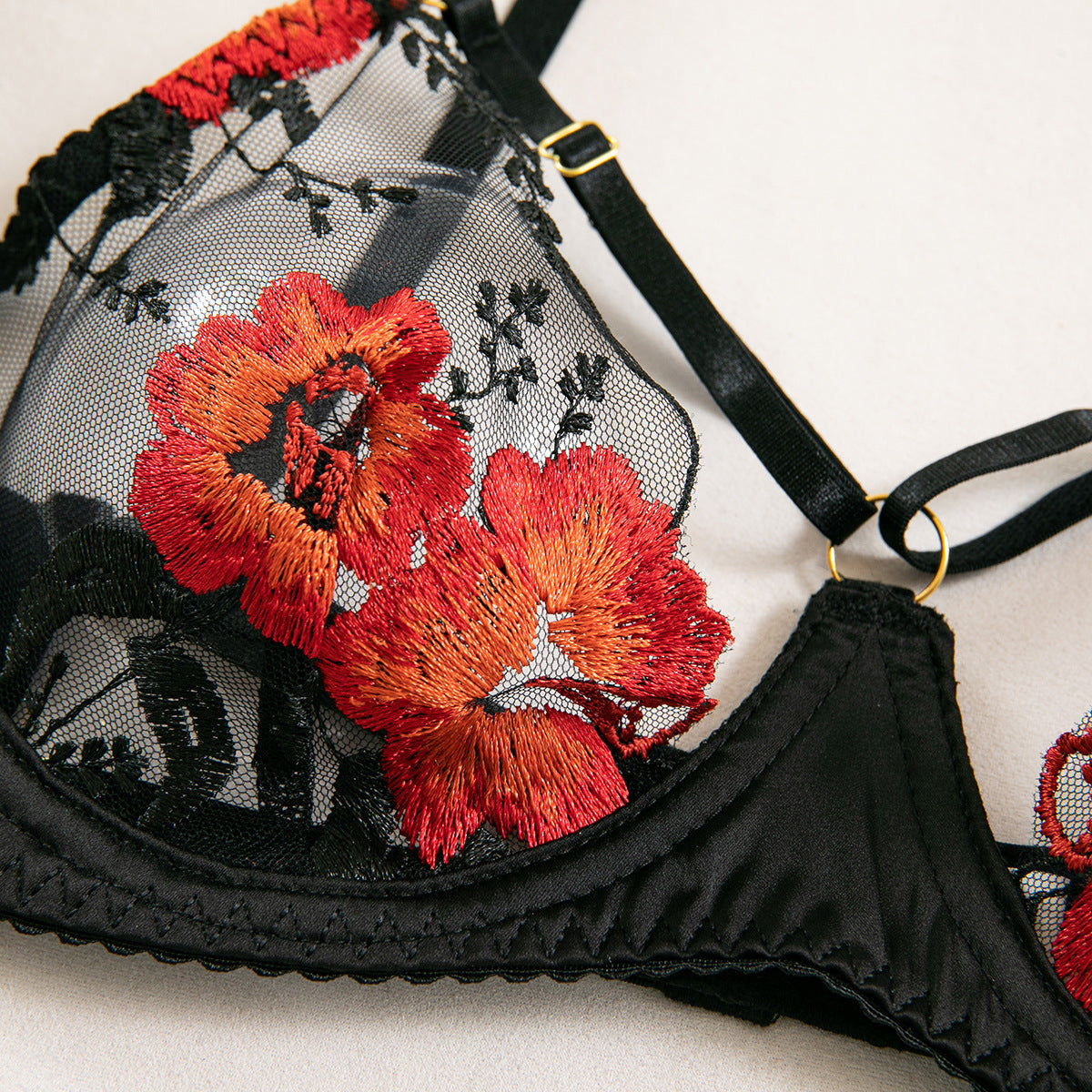 Floral Embroidered Satin & Mesh Garter Lingerie Set