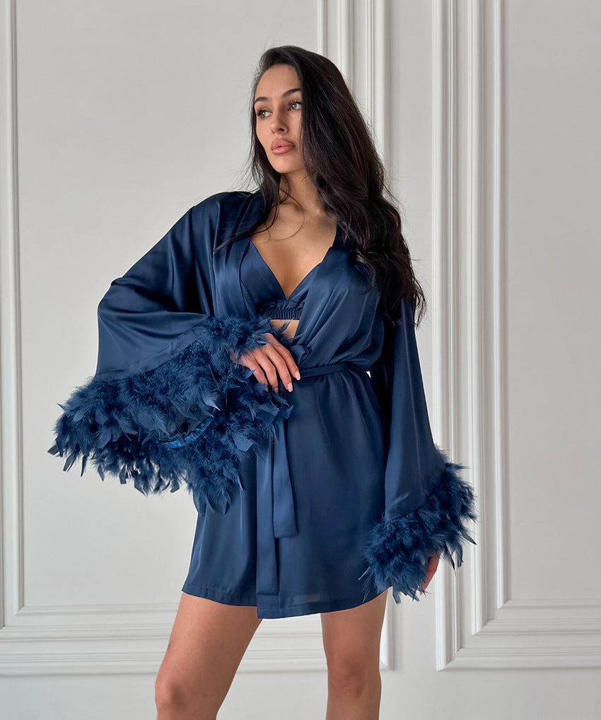 Nocturne Whisper – Feathered Satin Loungewear Set