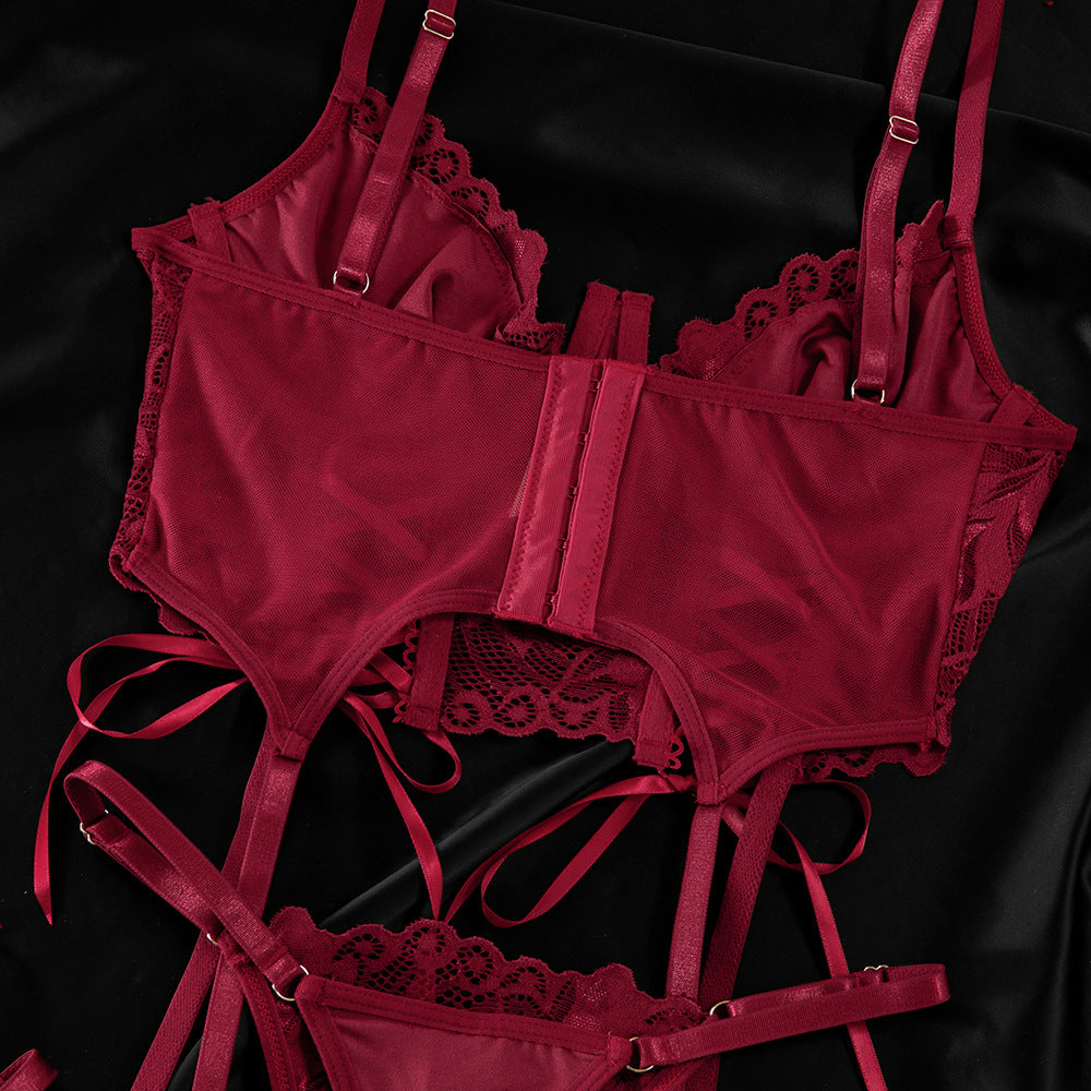 Luxury Lace Garter Lingerie Set with Underwire Corset Bra and Thong mooods