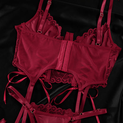 Luxury Lace Garter Lingerie Set with Underwire Corset Bra and Thong mooods