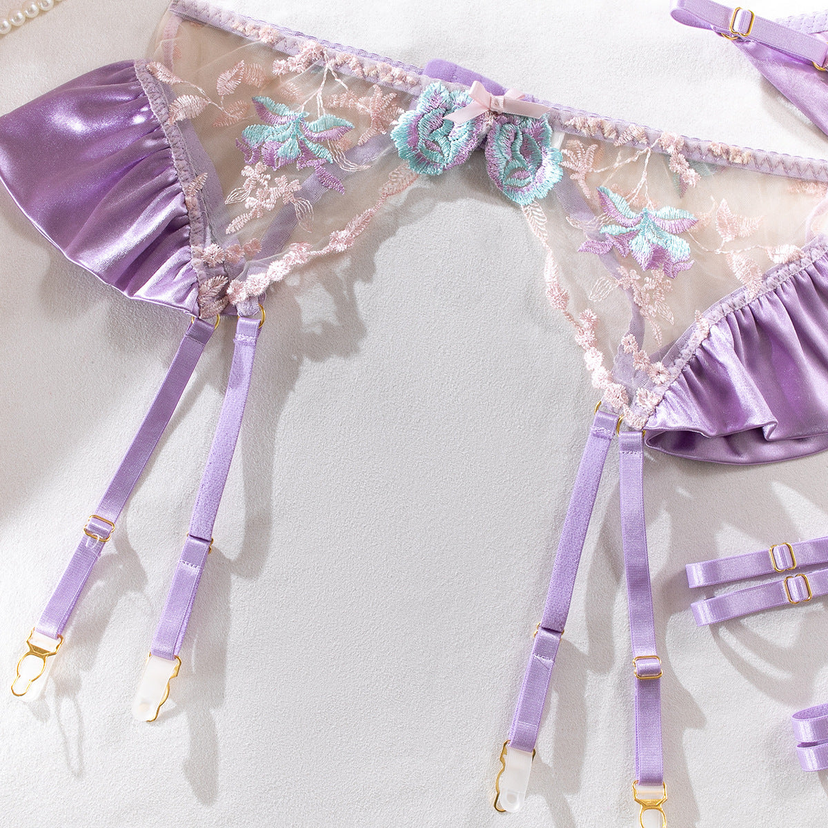 Honeymoon Lace & Satin Embroidered Lingerie Set