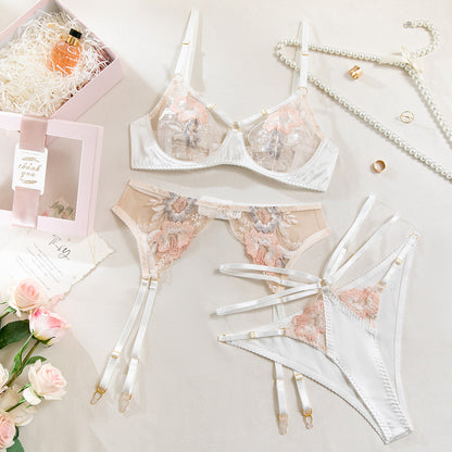 Floral Embroidered Satin & Mesh Garter Lingerie Set