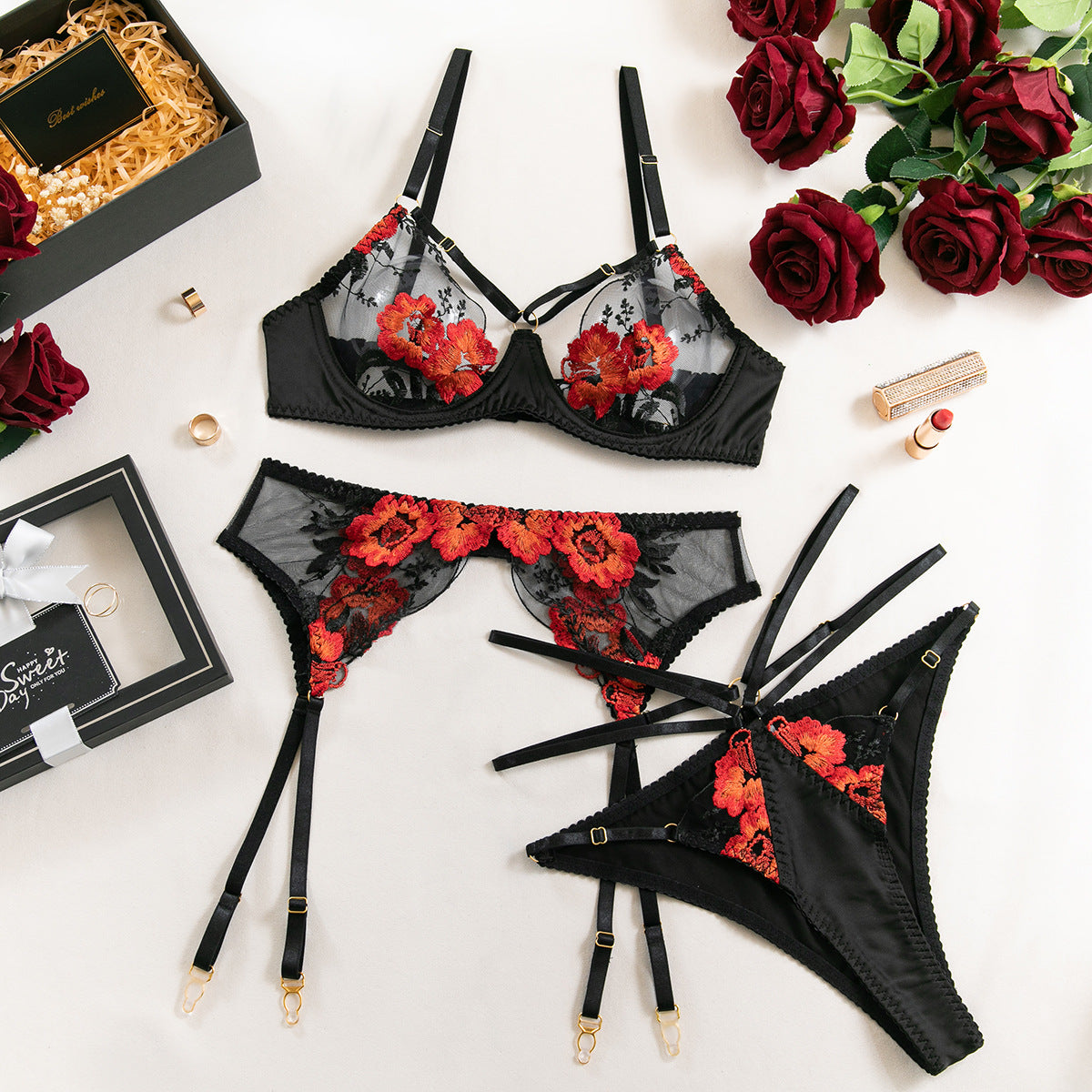 Floral Embroidered Satin & Mesh Garter Lingerie Set