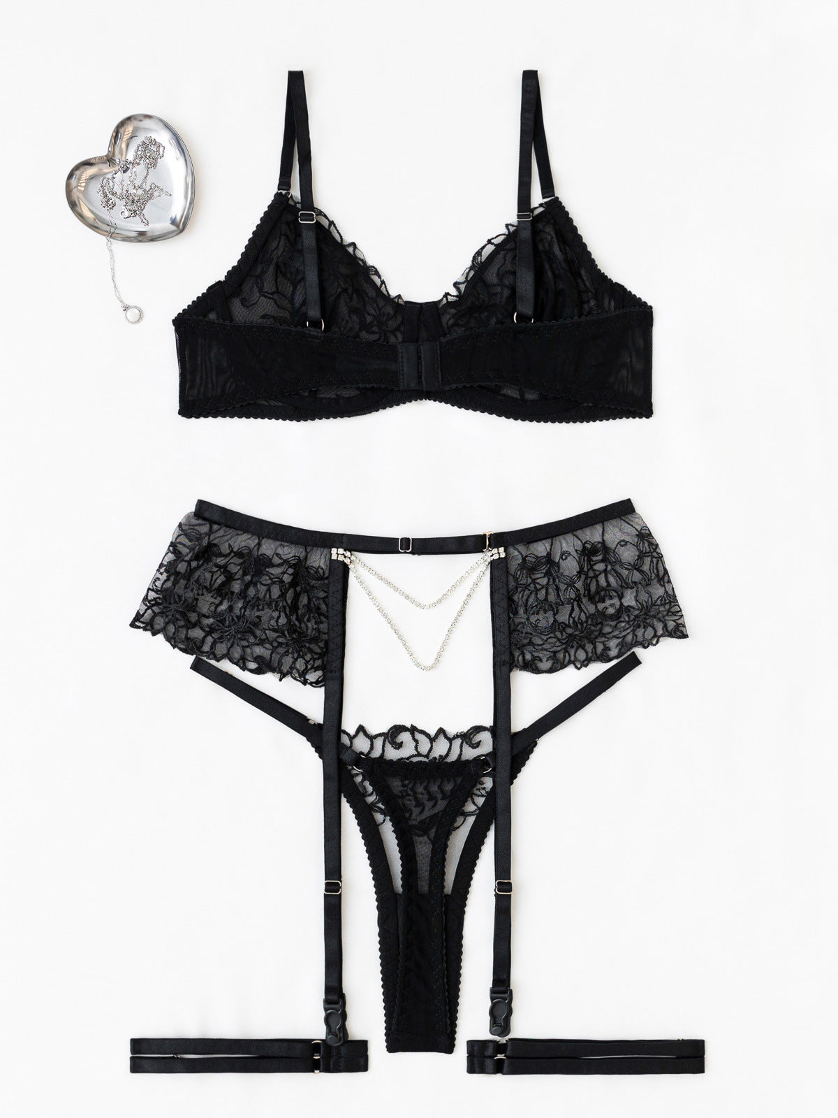 Luxury Embroidered 3-Piece Lingerie Set with Garter Belt & Pearl Chain – Sexy Bra and Thong mooods