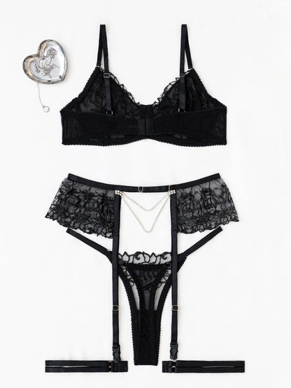 Luxury Embroidered 3-Piece Lingerie Set with Garter Belt & Pearl Chain – Sexy Bra and Thong mooods