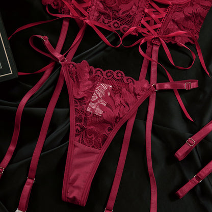 Luxury Lace Garter Lingerie Set with Underwire Corset Bra and Thong mooods