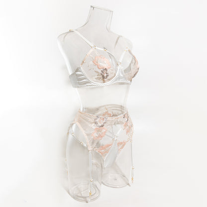 Floral Embroidered Satin & Mesh Garter Lingerie Set