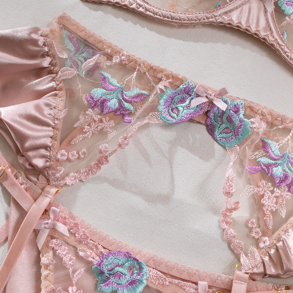 Honeymoon Lace & Satin Embroidered Lingerie Set