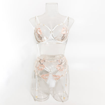 Floral Embroidered Satin & Mesh Garter Lingerie Set