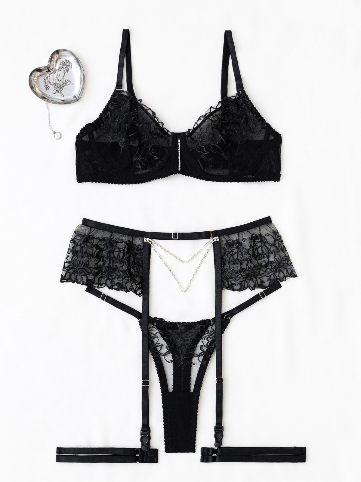 Luxury Embroidered 3-Piece Lingerie Set with Garter Belt & Pearl Chain – Sexy Bra and Thong mooods