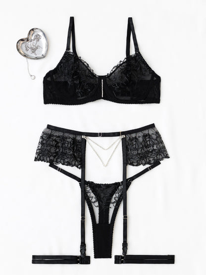Luxury Embroidered 3-Piece Lingerie Set with Garter Belt & Pearl Chain – Sexy Bra and Thong mooods