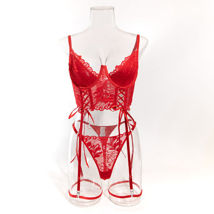 Luxury Lace Garter Lingerie Set with Underwire Corset Bra and Thong mooods