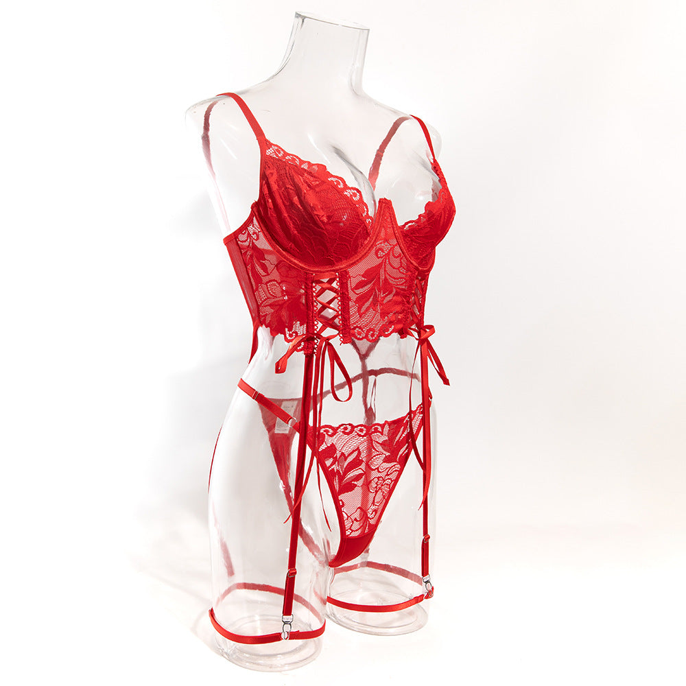 Luxury Lace Garter Lingerie Set with Underwire Corset Bra and Thong mooods