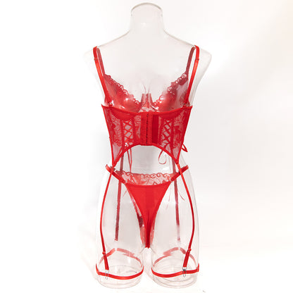 Luxury Lace Garter Lingerie Set with Underwire Corset Bra and Thong mooods