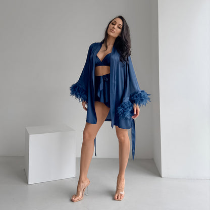 Nocturne Whisper – Feathered Satin Loungewear Set