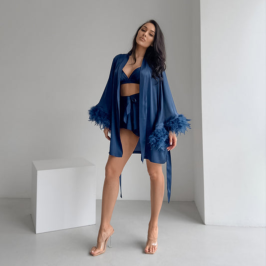 Nocturne Whisper – Feathered Satin Loungewear Set