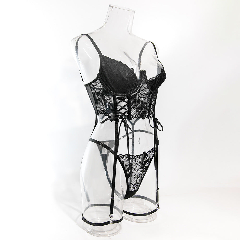 Luxury Lace Garter Lingerie Set with Underwire Corset Bra and Thong mooods