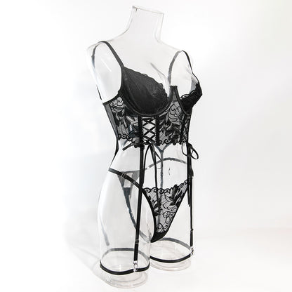 Luxury Lace Garter Lingerie Set with Underwire Corset Bra and Thong mooods