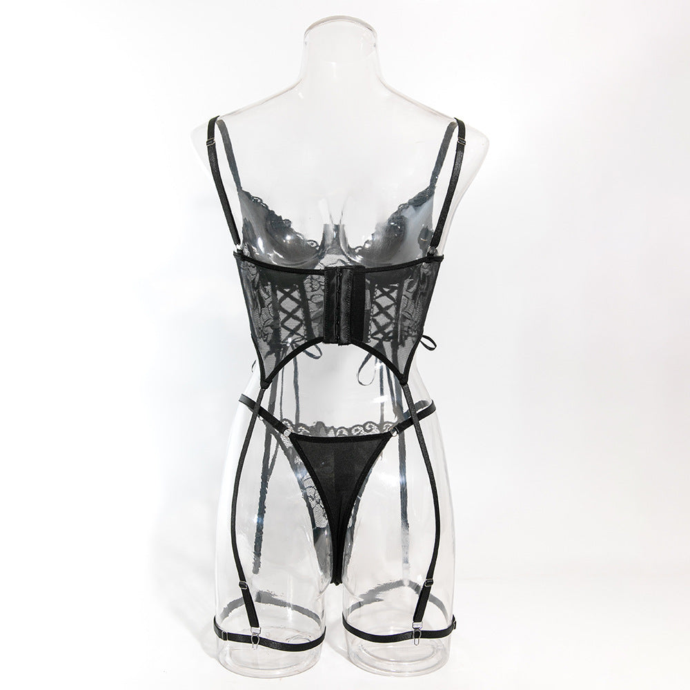 Luxury Lace Garter Lingerie Set with Underwire Corset Bra and Thong mooods