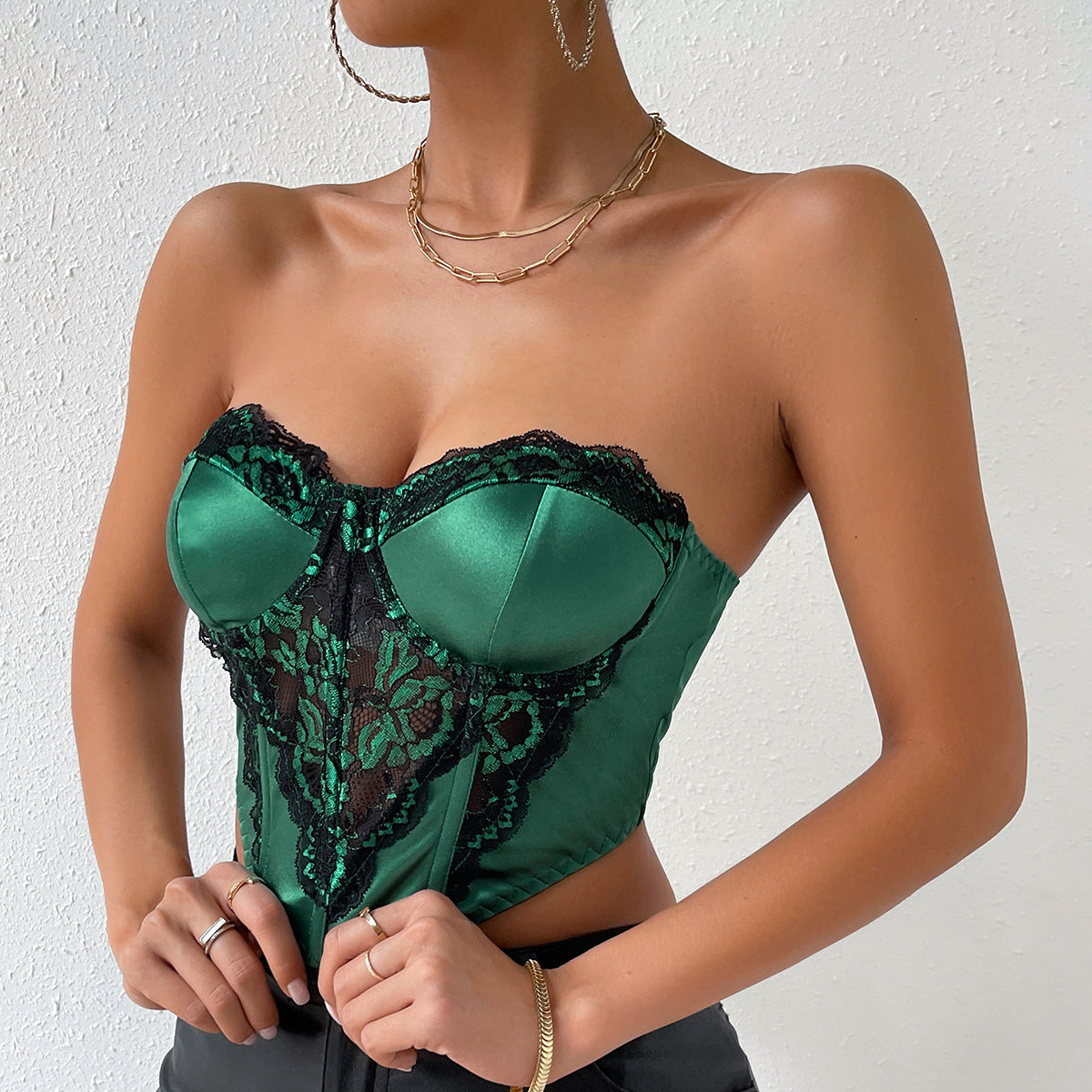 Emerald Elegance: Lustrous Satin & Black Lace Corset Crop Top