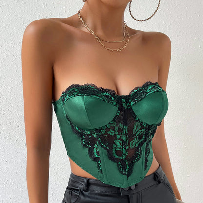 Emerald Elegance: Lustrous Satin & Black Lace Corset Crop Top
