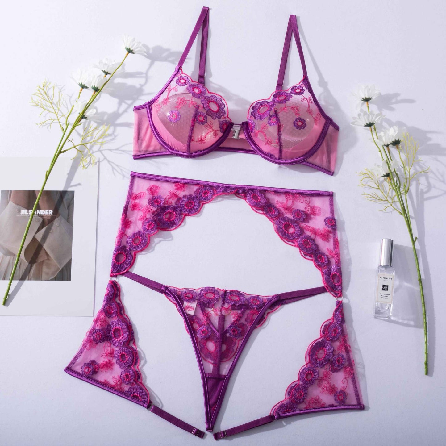 Violet Blossom Delight Lingerie Set: Floral Embroidery, Underwire Bra, and Unique Garter Belt