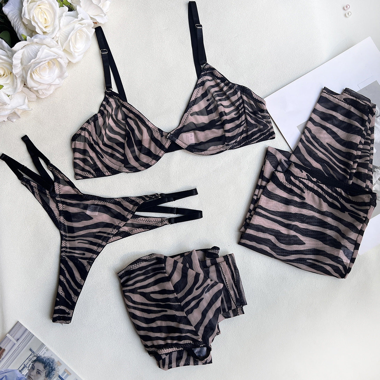 Savvy Zebra Fusion 4-Piece Exotic Lingerie Set