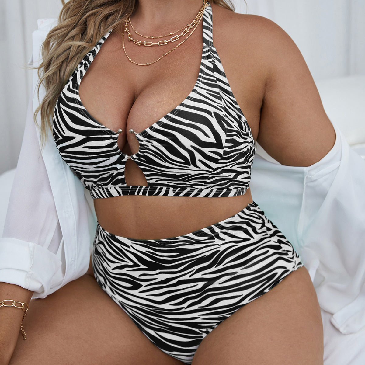 Safari Chic Zebra Print Plus-Size Halter Bikini Set mooods swimwear 