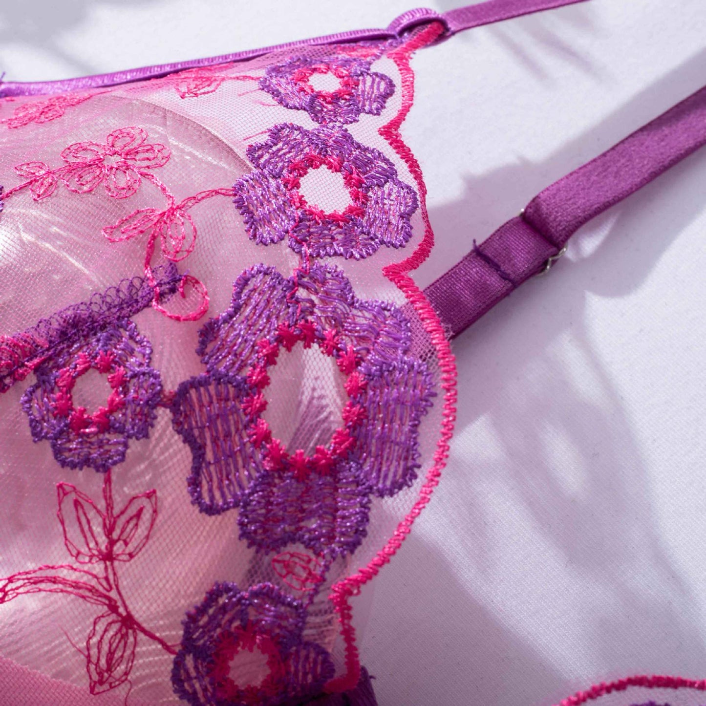 Violet Blossom Delight Lingerie Set: Floral Embroidery, Underwire Bra, and Unique Garter Belt