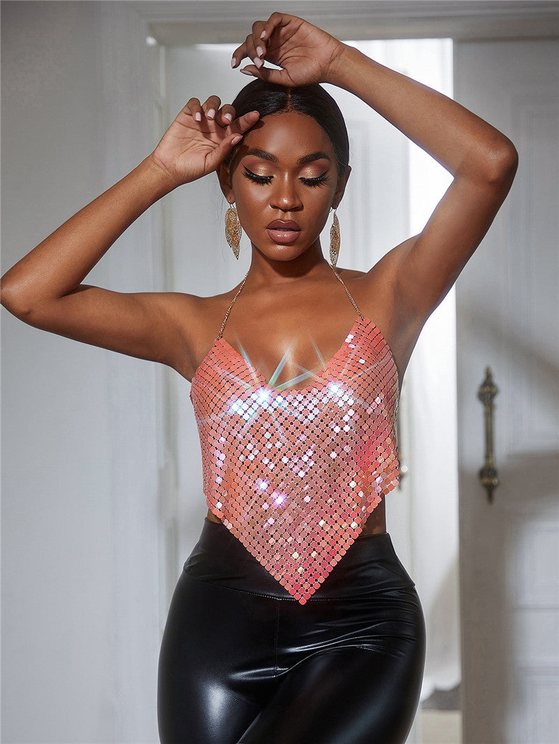 Radiant Sequin Glow Triangle Halter Top