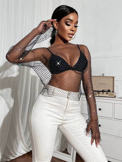 Luminous Nights Sheer Fishnet Rhinestone Top