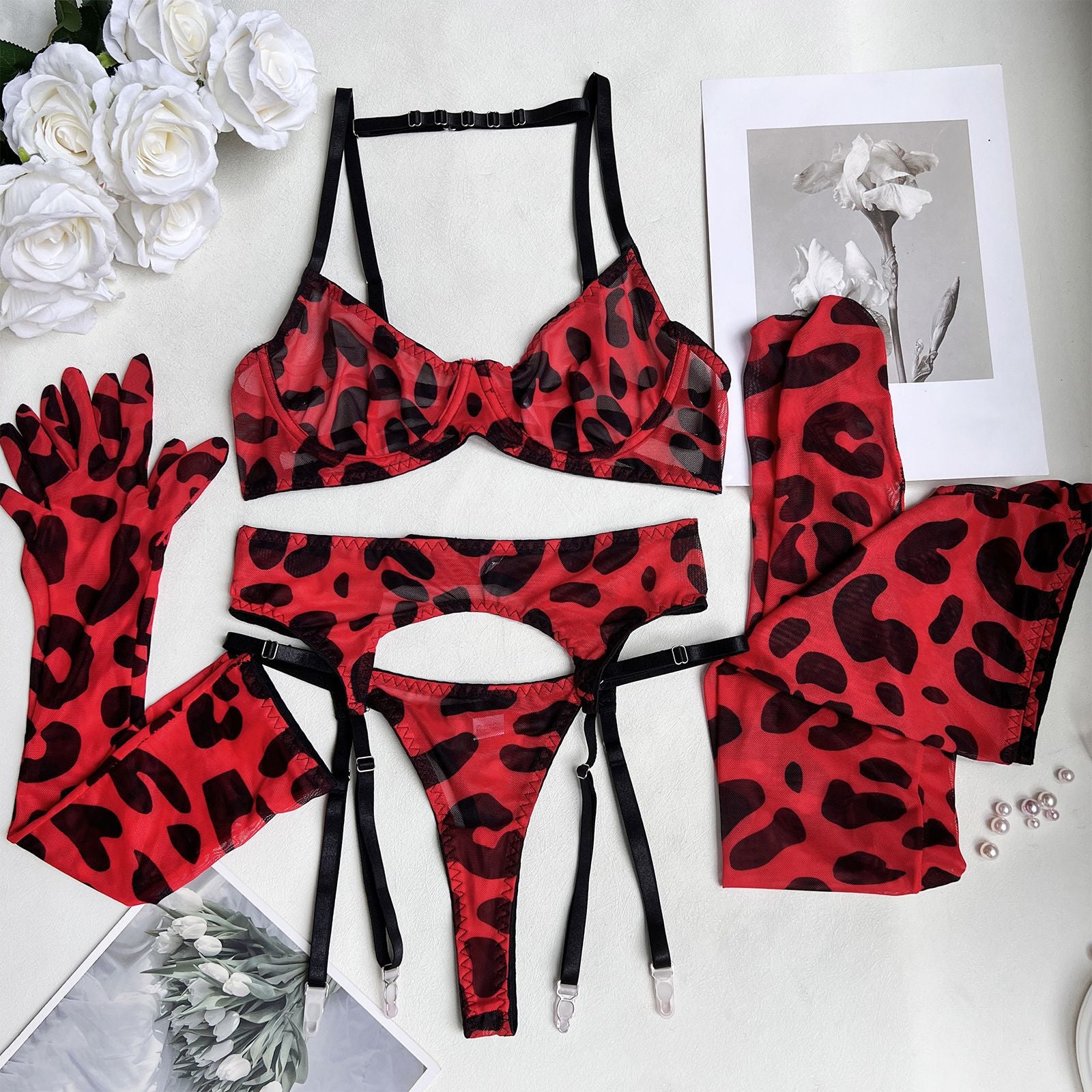 Leopard Luxe Sheer Mesh Lingerie Set with Matching Accessories