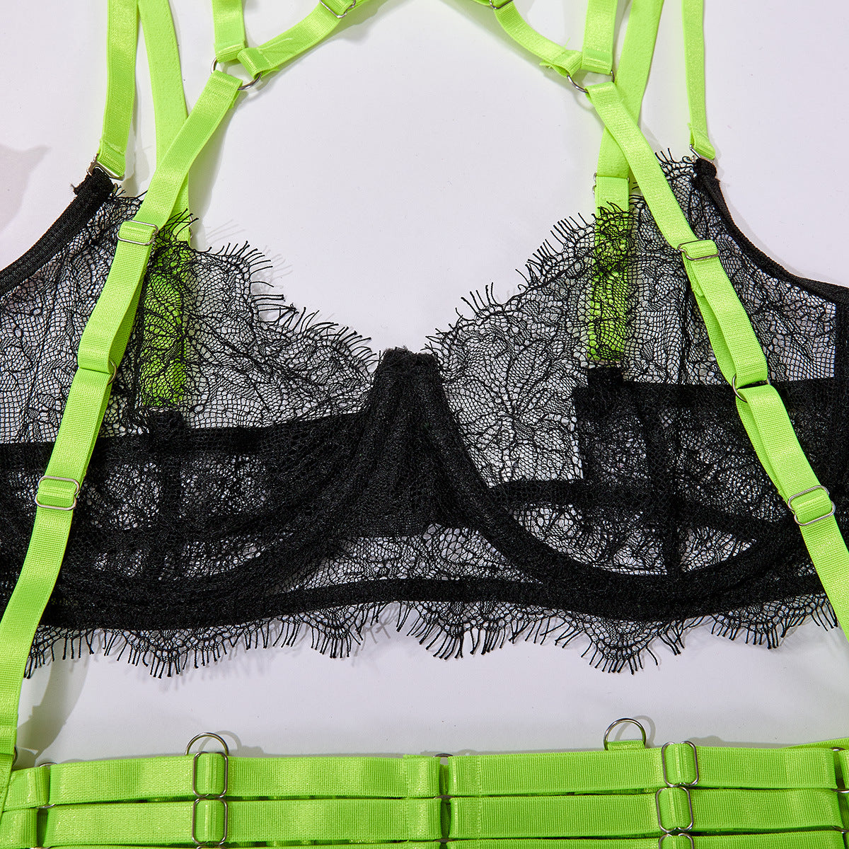 Neon Noir Elegance: Black Lace Lingerie Set with Vibrant Neon Straps