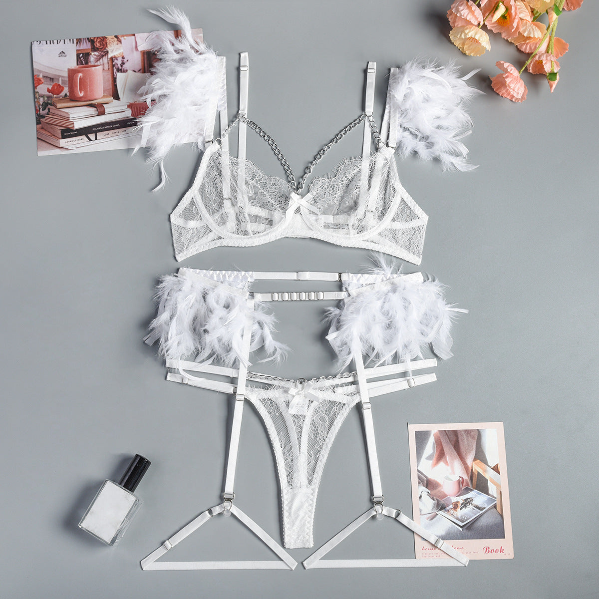 feathered elegance: lace lingerie set