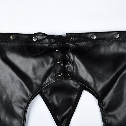 Vinyl Elegance: Front-Lacing Garter Belt Set with Matching String Panty