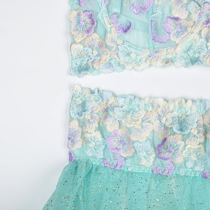 Azure Blooms: Light Blue Floral Embroidery Lingerie Set with Ruffle Skirt and Suspenders