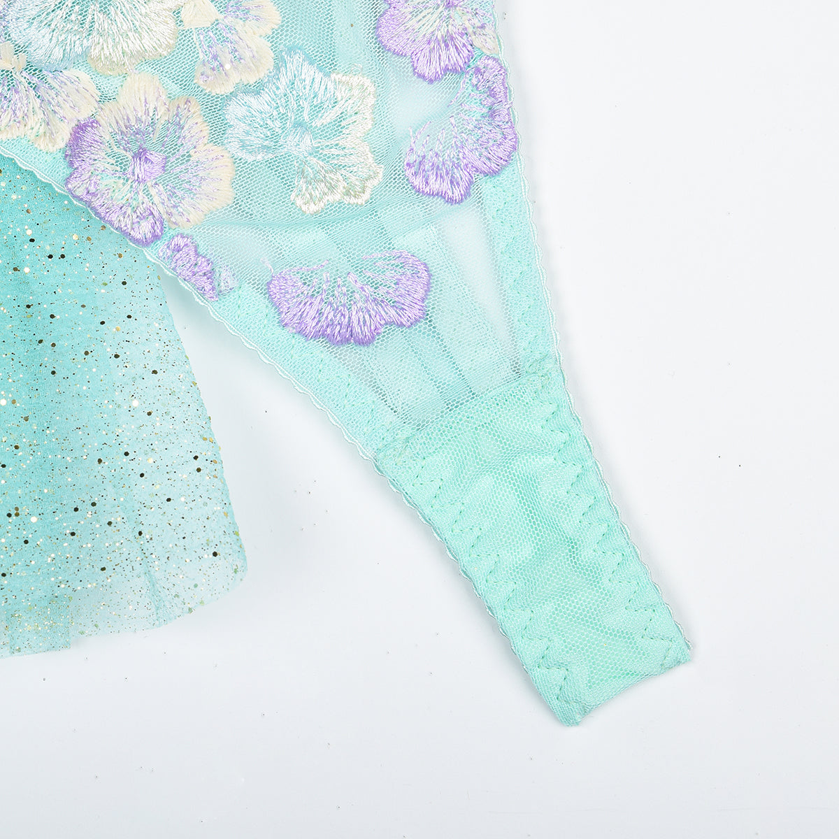 Azure Blooms: Light Blue Floral Embroidery Lingerie Set with Ruffle Skirt and Suspenders