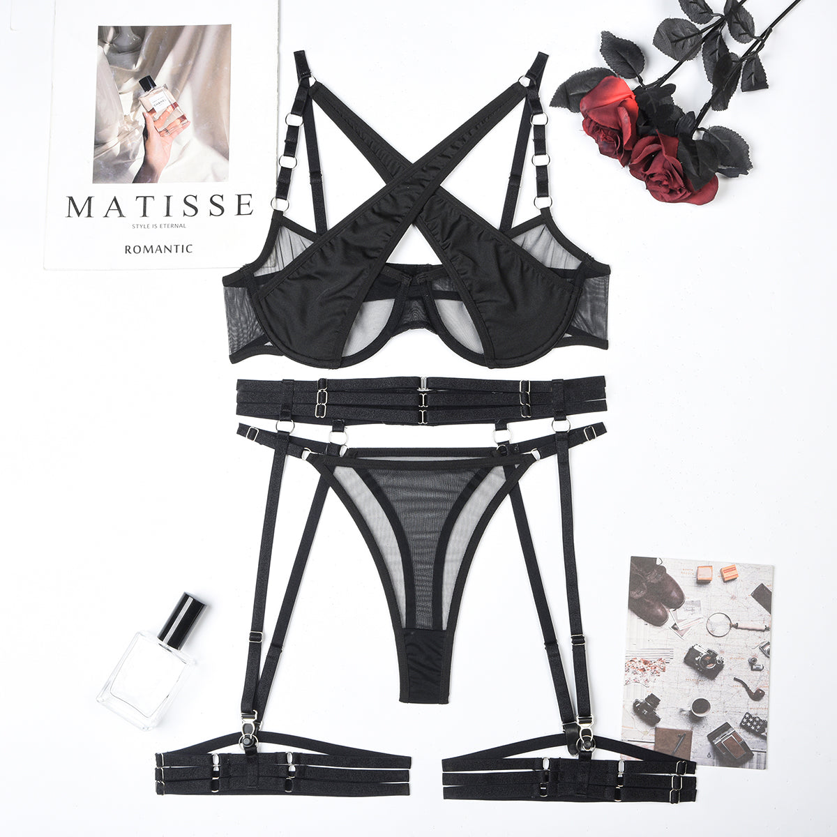 Crimson Embrace: Luxurious Mesh Lingerie Set with Suspender Belt