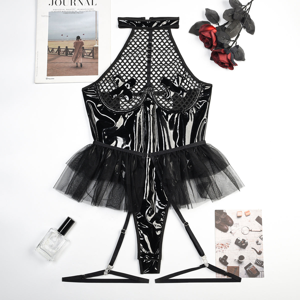 Lacquerux Temptress: provocative teddy with a ruffle garter belt