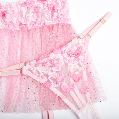 Blossom Elegance: Pink Floral Embroidery Lingerie Set with Ruffle Skirt and Suspenders