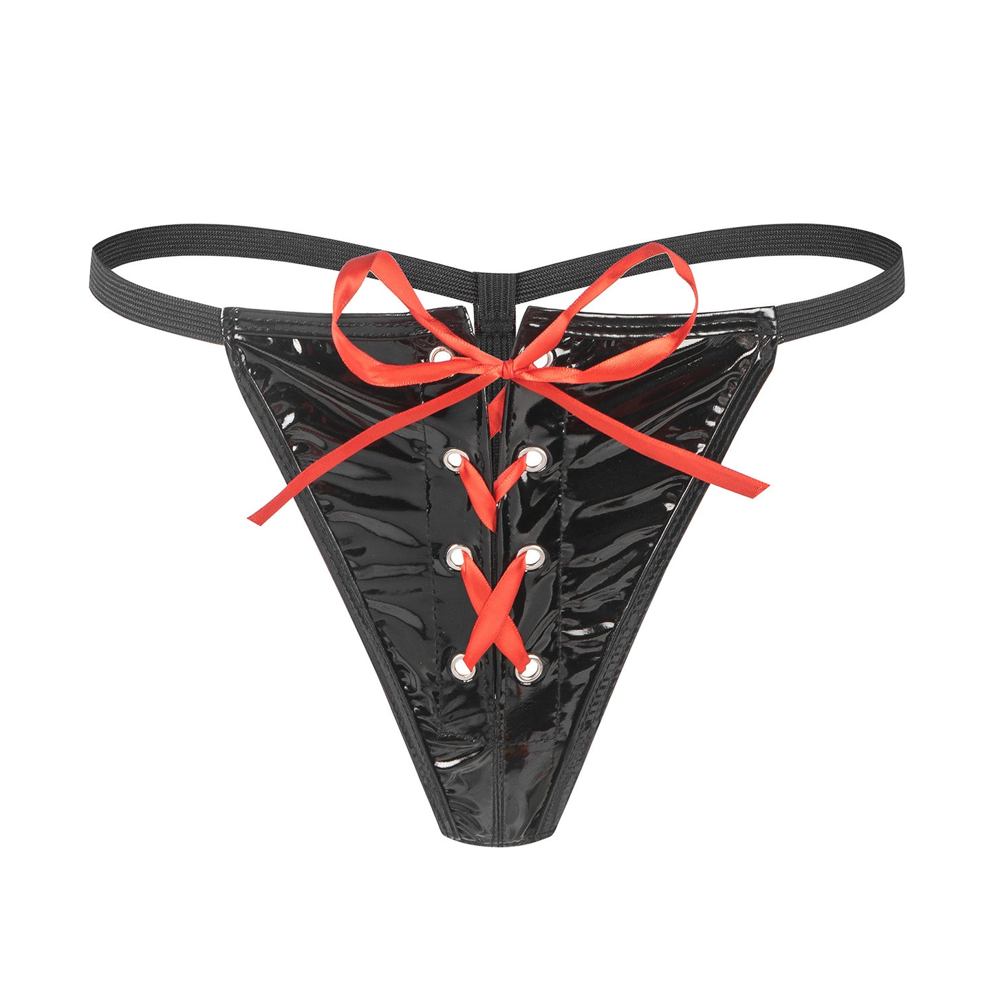 Glossy Desire Patent Leather String Panty with Lace-Up Detail