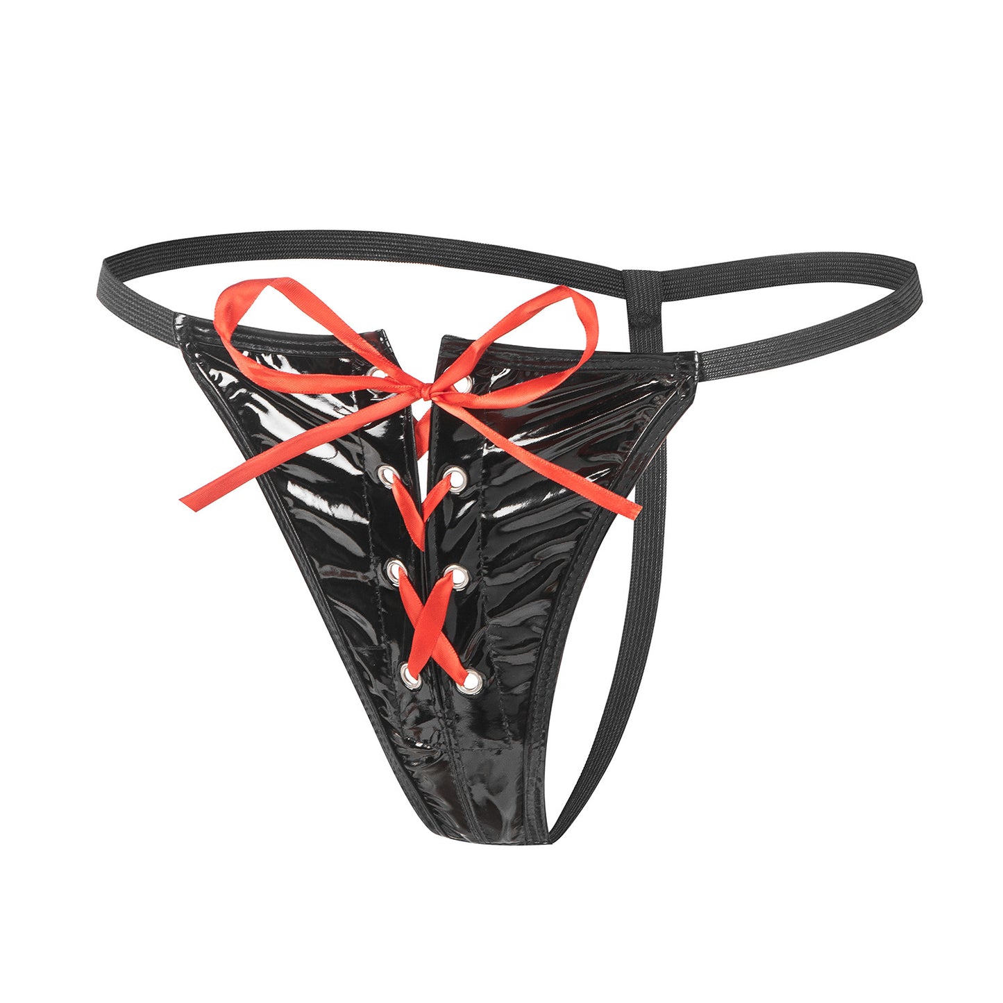 Glossy Desire Patent Leather String Panty with Lace-Up Detail