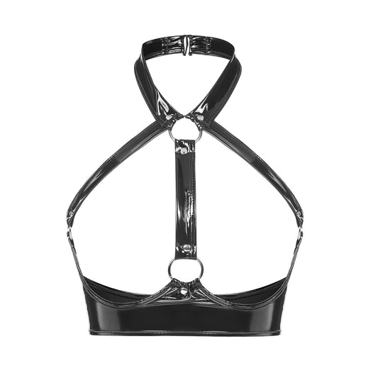 Glossy Temptation Patent Leather Open Crotch Bra